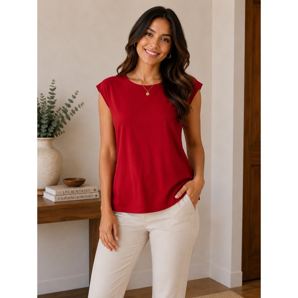 Jones New York Womens XL Red Sleeveless Knit Crew Neck Top Ribbed Sides